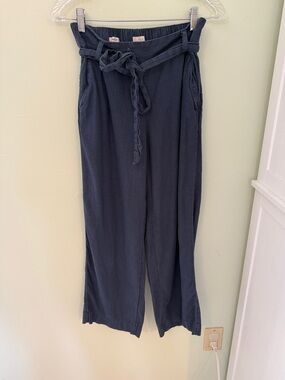 Loft Navy Linen Blend High-Rise Tie-Waist Wide Leg Pants Boho